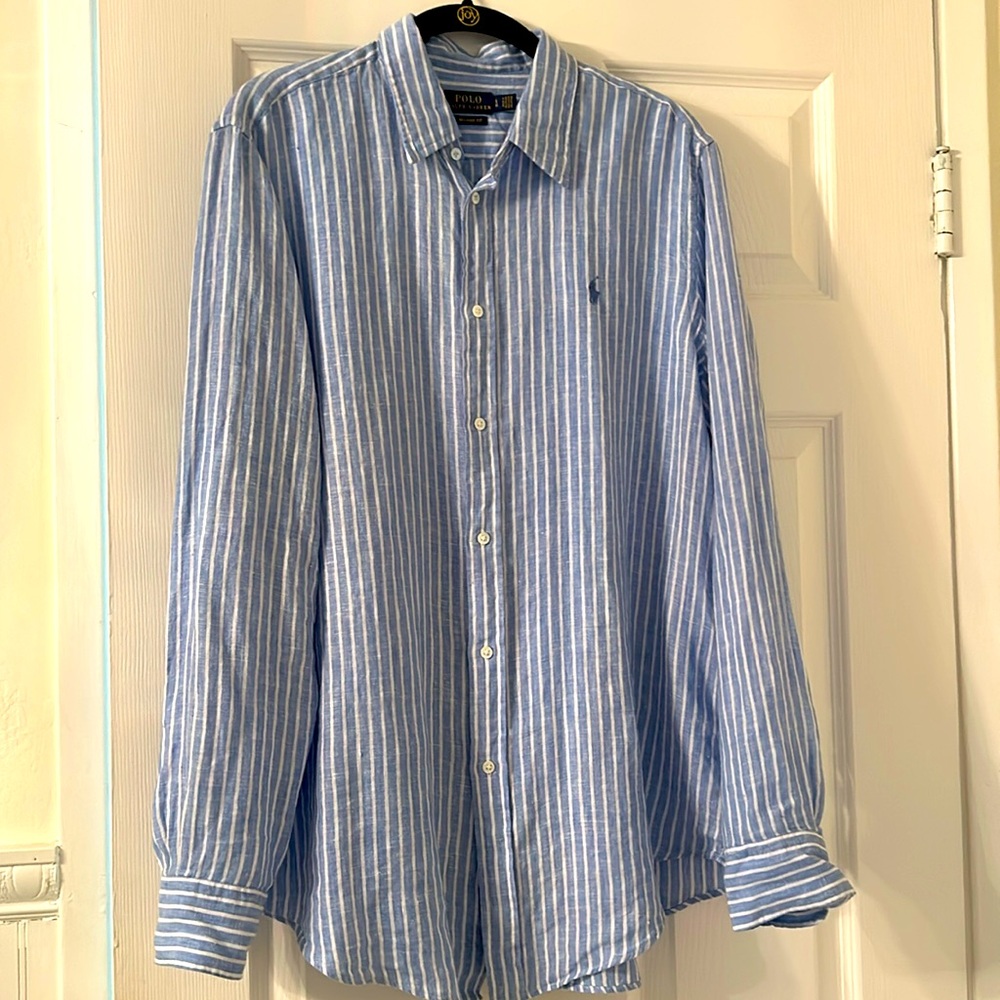 Light blue and white stripe linen shirt. Like new never worn.